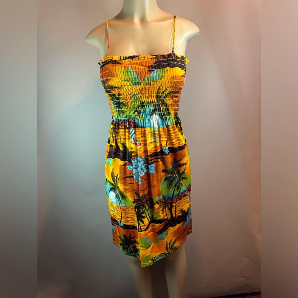 Vtg Pio Pio Hawaiian Dress Cruise Elastic Top Strap Tube in Sunset Tropical Sz L